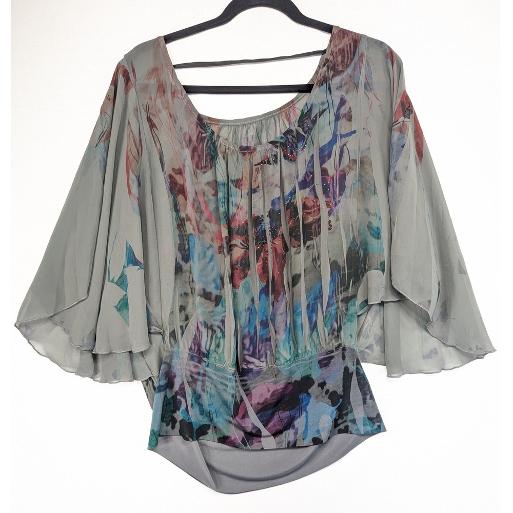 Womens X-Large Blouse Sheer Butterfly Floral Print Dolman Sleeve Elastic Waist